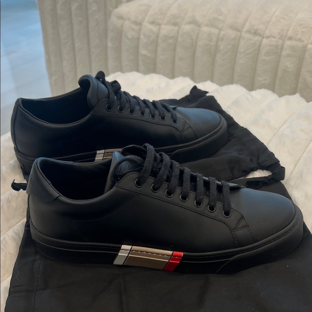Burberry Black Leather Sneakers with Red and White Accents